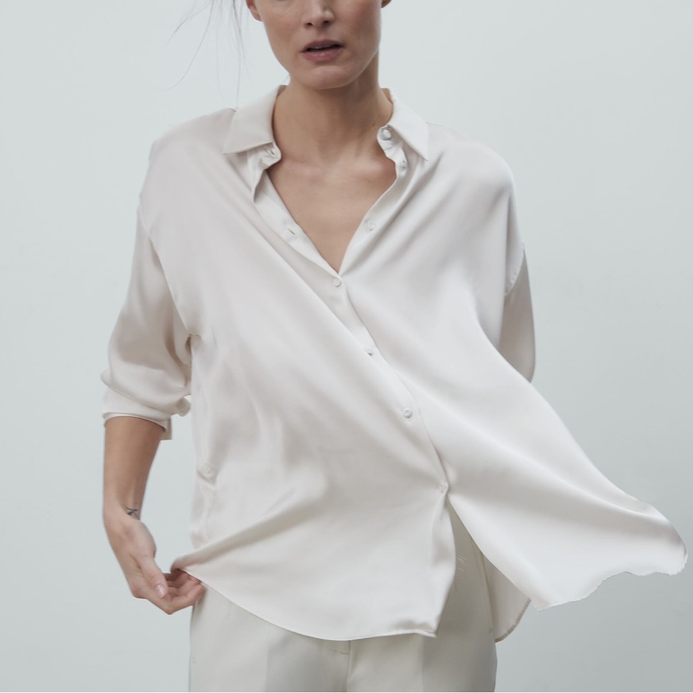 Zara cream satin button up blouse